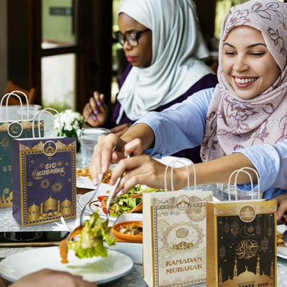 Eid Mubarak Gift Bags - 12 Pcs Ramadan Paper Gift Bags with Handles, Mosque Moon Star Reusable Party Favor Candy Goodie Bag for Muslim Eid al-Fitr Festival Celebration