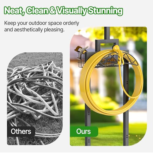 Garden Hose Holder, Water Hose Holders for Outside with Storage Basket & 2 Shepherds Hooks, Detachable Garden Hose Holder Freestanding, Heavy Duty Hose Holder Supports 150ft Hoses