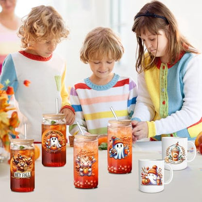Fall UV DTF Stickers - 20 Sheets Autumn Ghost UV DTF Cup Wraps for 16 OZ Glass Mugs, Cute Pumpkin Skeleton Bow UVDTF Stickers, Cow Raccoon Rub on Transfer Decals for Water Bottles Tumblers - style: Fall