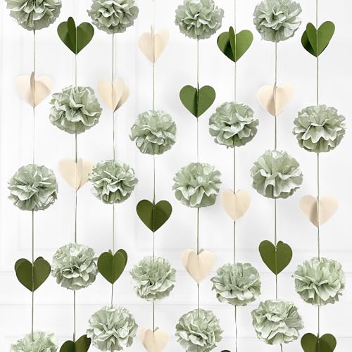 Sage Green Party Decoration Tissue Flowers Pom Pom with 3D Heart Hanging Paper Garland Banner Streamer for Birthday Wedding Shower Valentines Day Woodland Neutral Themed Party Home Decor Supplies - color: Sage Green Beige Heart