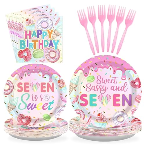 Grencian 96 Pcs Sweet Sassy Donut 7th Birthday Party Decorations, Serves 24 - style: Donut 7th Birthday Plates