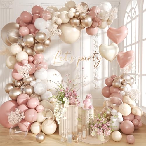 Dusty Pink Balloon Arch Kit,145Pcs Retro Blush Pink Sand White Cream Neutral Metallic Champagne Gold Balloons Different Size for Baby Shower Bridal Anniversary Birthday Party Decoration - color: Dusty Pink