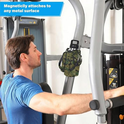 icolor Magnetic Gym Bag Water Bottle Carrier Holder with Phone Pockets & Shoulder Strap,Gym Magnetic Bag 5 Built-in Magnets Gym Accessories Organizer Sling Bottle Bag Pouch Sleeve - color: Camo
