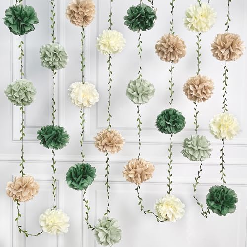 Sage Green Beige Party Decorations Tissue Paper Flowers Pom Pom with Leaf Ribbon Hanging Garland Streamer for Neutral Birthday Wedding Bachelorette Safari Jungle Woodland Party Supplies - color: Sage Green