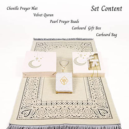 IEF Muslim Prayer Rug Islamic Prayer Mat Quran Prayer Beads Gift Set, Ramadan Eid Gifts, Birthday Gifts for Women, Mothers Day Gifts, Velvet Prayer Rug Arabic Quran Pearl Tasbeeh - color: Beige with Bag