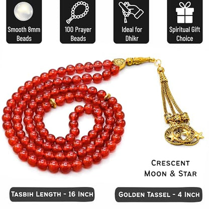 Amazing Gemstone Crystal Tasbeeh with Moon and Star Charm - Certified Crystal Muslim Prayer Beads Natural Gemstone Tasbih Gift for Ramadan Dhikr and Daily Namaz (G) - color: Red Onyx