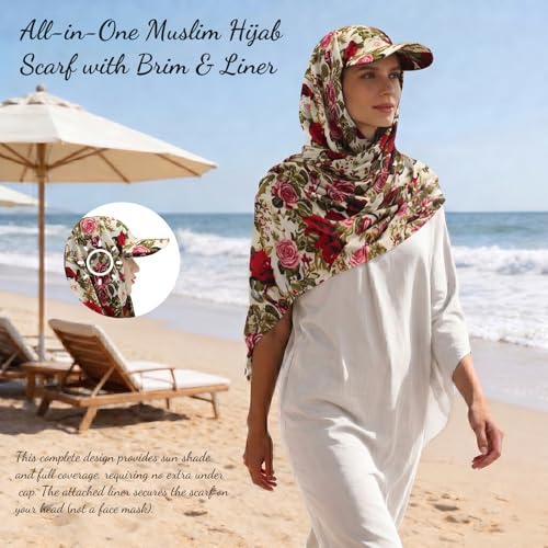ZLYC Women Muslim Hijab Scarf with Visor Built-in Undercap Sun Protection Headwrap - color: Floral Beige