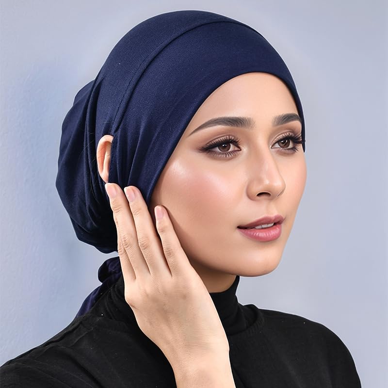 Jersey Hijab Undercap with Earhole, Slouchy Stretch Beanie Inner Caps, Breathable Under Scarf Liner Cap (1PC/3PC) - color: Black+navy+khaki