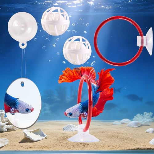 Betta Fish Toys, 2 PCS Fish Exercise Ring and Nitrifying Balls Set, Betta Mirror Toy Set, Feeding Ring with Suction Cup, Fishing Tank Accessories for Gifts (Red) - color: Red