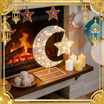MorningRo Eid Mubarak Table Decoration Metal Ramadan Moon Star Table Decor with LED Light Metal Crescent Ramadan Kareem Desk Ornament for Home Decor Islamic Muslim Gifts - style: Elegant