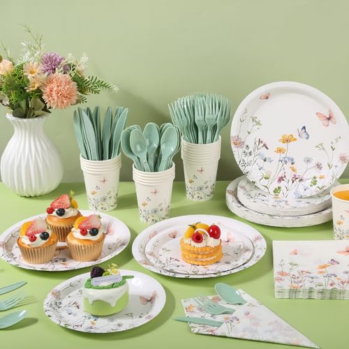 175 Pcs Wildflower Paper Plates and Napkins for 25 Guests | Spring Summer Floral Arrangements Party Tableware for Baby Shower Wedding Birthday Garden Tea Party Supplies - color: Wildflower