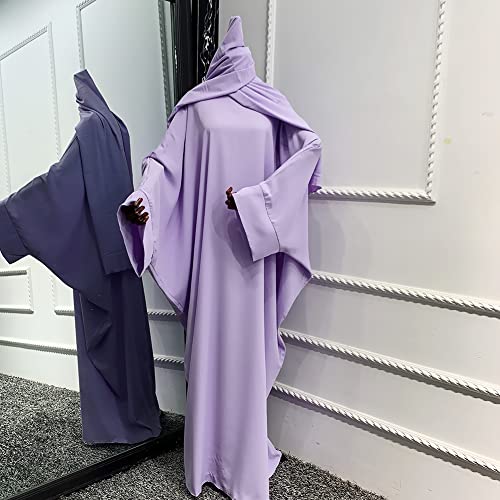 Muslim Dress for Women Pakistani Kaftan Abaya Robe + Hijab Arabic Islamic Prayer Clothes Dubai Outfits - color: Light Purple Set