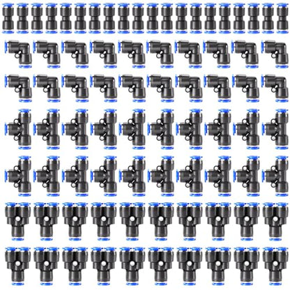 TAILONZ PNEUMATIC 1/4 Inch od Push to Connect Fittings Pneumatic Fittings Kit 20 Spliters+20 Elbows+20 tee+20 Straight (80 pcs) - color: Blue, size: 1/4"OD/80PCS