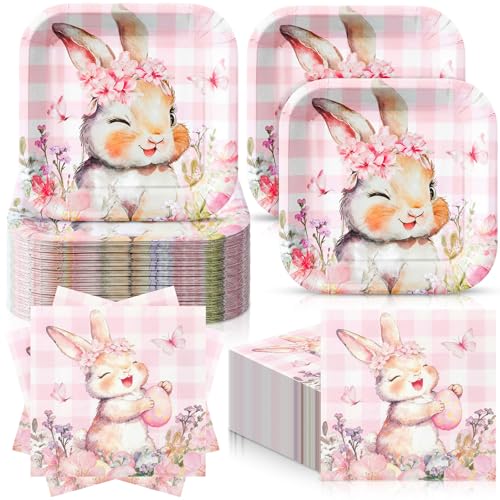 Zhehao 72 Pcs Pink Bunny Birthday Party Supplies Serve 36, Rabbit Plates and Napkins 7" Some Bunny Is One Paper Dessert Plates and Napkins for Baby Shower Spring Birthday Party - style: Easter