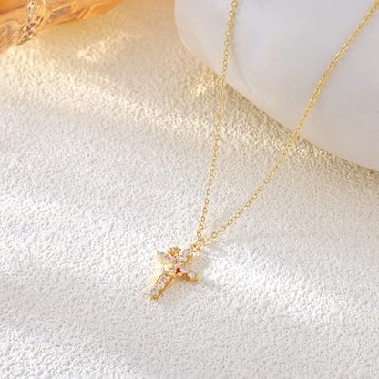 Robaice Upgraded Crown Cross Necklace for Women, 14K Gold Plated - color: C Flower Cross, Gold