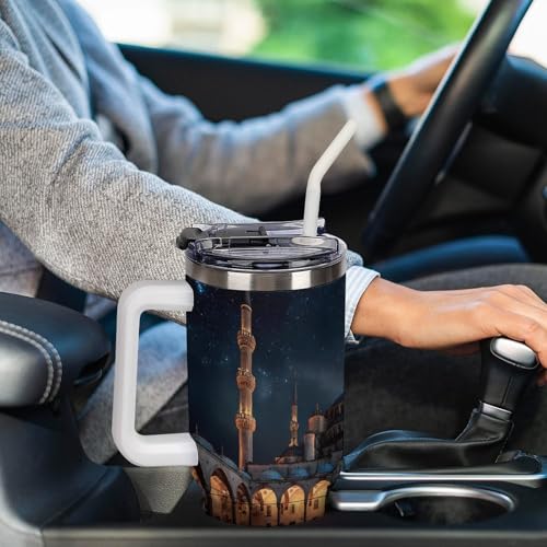 Blue Mosque Islamic Muslim Insulated Tumbler Stainless Steel Travel Coffee Mug with Lid And Straw 40oz - color: white-style
