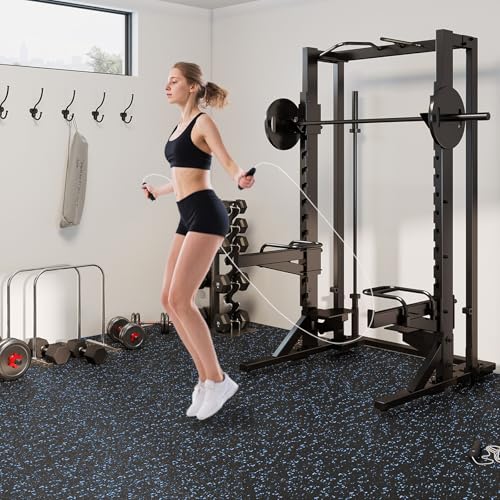 Giantex 24-Pack Interlocking Rubber Gym Floor Mats, 0.79'' Thick 24''x24'' Puzzle Tiles with Border Strips, 96 sq.ft Anti-Slip, Noise-Reducing Flooring for Home Workout Exercise (Black/Blue Speckled) - size: 0.79'' | 24 Tiles | 96 Sq Ft