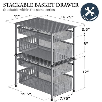 Simple Houseware Stackable 2 Tier Sliding Basket Organizer Drawer, Silver - color: Silver, size: 2-Tier