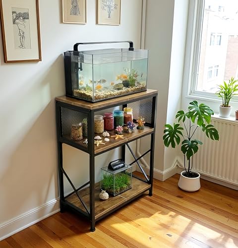 SwaaVee Fish Tank Stand, 10 Gallon Aquarium Stand, 3-Tier Metal Storage Shelf, 20.47"×11.42"×31.69" Heavy Duty Terrarium Stand for Home Office Fish Tank Shelf, Rustic Brown - color: Rustic Brown