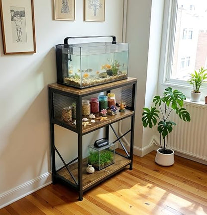 SwaaVee Fish Tank Stand, 10 Gallon Aquarium Stand, 3-Tier Metal Storage Shelf, 20.47"×11.42"×31.69" Heavy Duty Terrarium Stand for Home Office Fish Tank Shelf, Rustic Brown - color: Rustic Brown