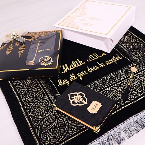 IEF Personalized Wedding Gifts Prayer Mat, Eid Gifts Quran Prayer Beads Set Birthday Gifts for Women Mother's Day Gifts Anniversary Gift Chenille Prayer Rug Pearl Prayer Beads Arabic Quran (Black) - color: Black