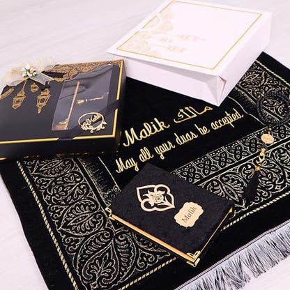 IEF Personalized Wedding Gifts Prayer Mat, Eid Gifts Quran Prayer Beads Set Birthday Gifts for Women Mother's Day Gifts Anniversary Gift Chenille Prayer Rug Pearl Prayer Beads Arabic Quran (Black) - color: Black