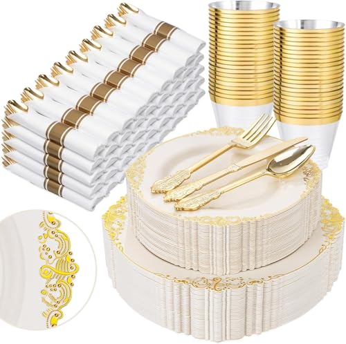 Nervure 350Pcs Ivory Plastic Plates, Plastic Dinnerware Set for 50 Guests - color: Ivory and Gold