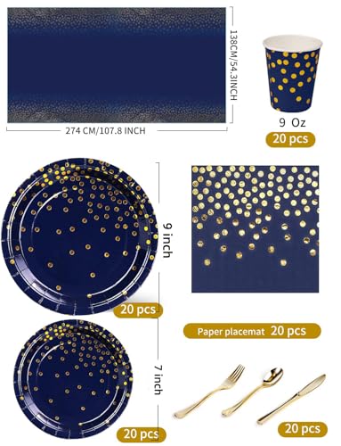 Nkaiso 141Pcs Navy Blue Gold Paper Plates and Napkins Party Supplies for20 - color: Navy Blue Gold