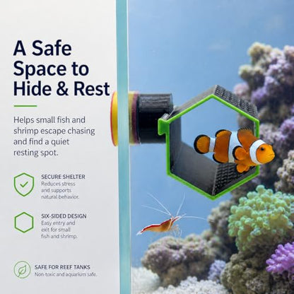 Magnetic Reef Tank Fish Hideout for Clownfish, 3D Printed Flow-Through Shelter for Shrimp, Fry & Small Reef Fish, 3.15" Aquarium Cave, Fits Glass up to 5/16" (Fluorescent Green)