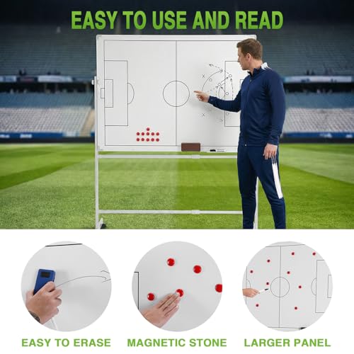 Generic Soccer Coaching Board 360 Degree Reversible Height Adjustable Whiteboard with Wheels Double-Sided Dry Erase Board with Magnets Pen & Eraser for Teaching Training - color: Football