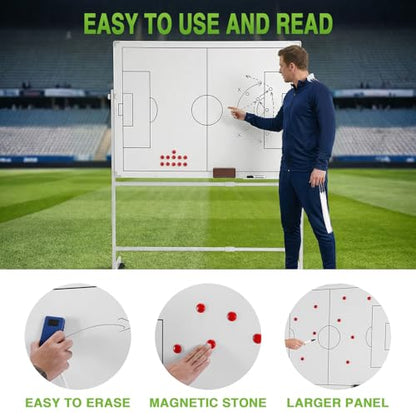 Generic Soccer Coaching Board 360 Degree Reversible Height Adjustable Whiteboard with Wheels Double-Sided Dry Erase Board with Magnets Pen & Eraser for Teaching Training - color: Football