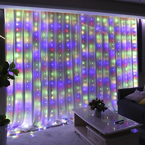 HXWEIYE 300LED Fairy Curtain Lights, 9.8x9.8Ft USB Plug-in 8 Modes Christmas String Hanging Lights with Remote for Bedroom Backdrop Wedding Indoor Wall Decor, Multicolor, Tangle-Free – 1 Pack - color: Multicolor, size: Regular