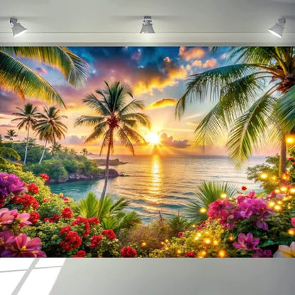 Beach Ocean Backdrop,Summer Hawaiian Beach Photography Backdrop,Palm Tree Sea Luau Aloha Party Banner for Photoshoot Backdrop 7x5ft - size: 7x5ft
