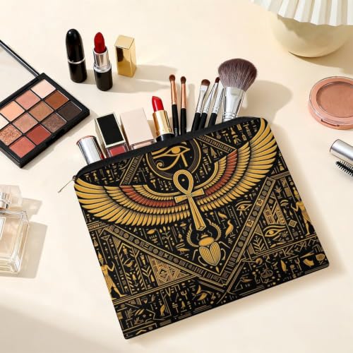 Egyptian Symbols Golden Hieroglyphic Makeup Bag for Women, Cosmetic Pouch Travel Toiletry Organizer Bag 8.9"x6.5" Polyester - color: Egyptian Symbols Golden Hieroglyphic