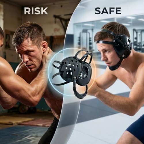 Black NBR Sponge Wrestling Headgear with Plastic Shell, Shock-Absorbing Ear Guard for MMA Grappling, Adjustable Strap Secure Fit