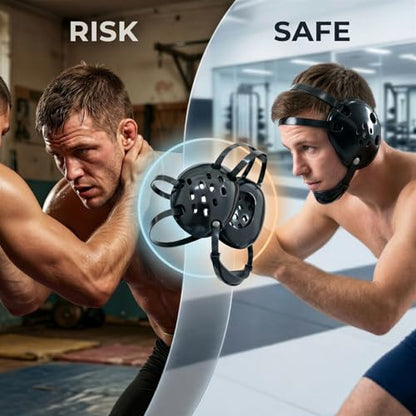 Black NBR Sponge Wrestling Headgear with Plastic Shell, Shock-Absorbing Ear Guard for MMA Grappling, Adjustable Strap Secure Fit
