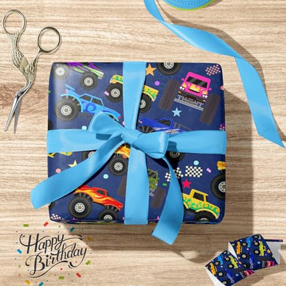 Cuitpan Monster Truck Wrapping Paper - Colorful Monster Trucks with Stars, Dots & Fun Patterns Design - Ideal for Kids & Car Enthusiasts Gift Wrapping - 40×28 Inches, 4 Folded Sheets - color: Blue-Monster Trucks