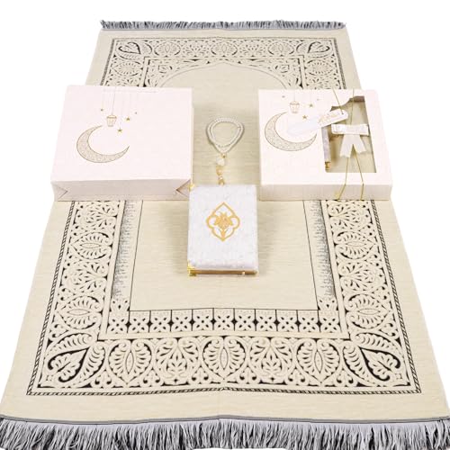 IEF Muslim Prayer Rug Islamic Prayer Mat Quran Prayer Beads Gift Set, Ramadan Eid Gifts, Birthday Gifts for Women, Mothers Day Gifts, Velvet Prayer Rug Arabic Quran Pearl Tasbeeh - color: Beige with Bag