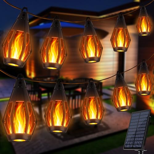 iBaycon Solar Flame String Lights, 27Ft 10 LED Bulbs Waterproof, Warm White | Ultra-Real Flickering Flame Lamp Outdoor Waterproof, Solar Patio String Lights for Garden Yard Lawn Decorations - color: Warm White, size: 27FT