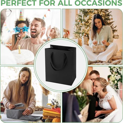 PrimeSign Black Gift Bags With Handles: 8x5x10 Inch 12 Pack Black Paper Gags Medium Bulk For Party Shopping Birthday Wedding Graduation Fathers Day - size: 12 Pack