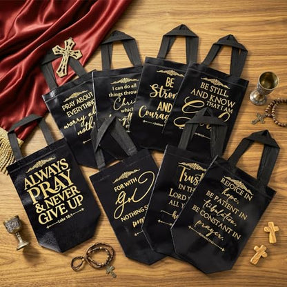 Aliceset 64 Pcs Christian Gift Bags Bulk with Handles for Church Favors Reusable Medium Bible Verse Religious Gift Bags Non Woven Welcome Totes for Baptism Vacation Bible School Gifts (Black) - color: Black