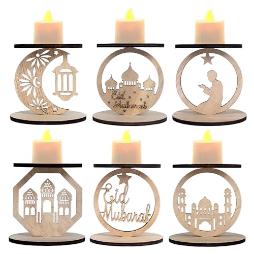 6‑Pack Wooden Ramadan Candle Holders – “Eid Mubarak” Décor with Star, Crescent Moon, Mosque & Jesus Silhouettes – Indoor/Outdoor Muslim Islamic Party, Wedding & Anniversary Supplies
