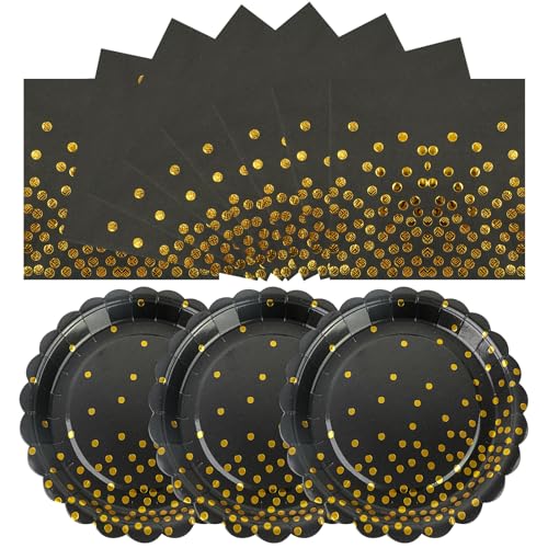 50PCS Black and Gold Paper Plates and Napkins, 7Inch Black and Gold Dot Party Supplies Disposable Party Plates Tableware Set for Birthdays, Graduations, Fathers Day Retirement and Weddings Decorations - color: Black Gold Dot