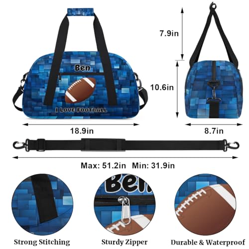 Custom Sports Bags for Boys I Love Football Blue Geometric Pattern | Personalized Named Practice Travel Overnight Training Bag - color: Color 18