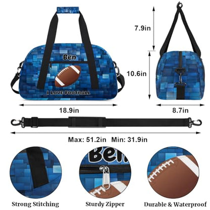 Custom Sports Bags for Boys I Love Football Blue Geometric Pattern | Personalized Named Practice Travel Overnight Training Bag - color: Color 18