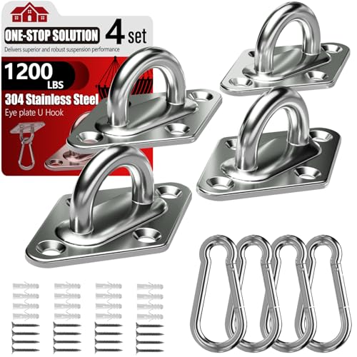sprookber 304 Stainless Steel Pad Eye Snap Hooks, M8 Heavy Duty Ceiling Hook, 1200 lb Capacity Hammock Swing Hanging kit, Plant Hangers, Marine Hardware Staple Hook Loop with Screws, Set of 8 | Hanging Kit with Screws for Hammock Chair Swing, Yoga Gym Equ