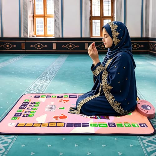 Salah Mat for Adults, Interactive Prayer & Reverts Learning Surahs, Salah, Duas, & More - Muslim Prayer Rug with 36 Touch Keys, 7 Speaking Language, Padded Prayer Mat Layer（Pink） - color: Pink
