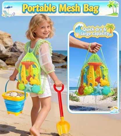 Collapsible Beach Sand Toys for Kids Toddlers, Collapsible Sand Bucket with Water Wheel Sifter Shovels Set with Mesh Bag and Sand Molds, Travel Beach Sandbox Toys for Boys Girls 3 4 5 6 7 8 9 10+