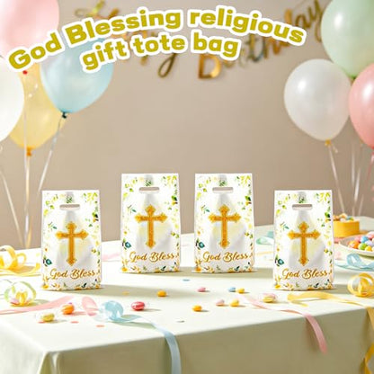 LERCTH 30 PCS God Bless Gift Bags, 6.5x9.8inches Cross & Floral Design Plastic Treat Bags with Handles, Religious Party Favor Bags for Baptism, First Communion, Confirmation & Christian Celebration Supplies - color: God bless gift bags 30 packs