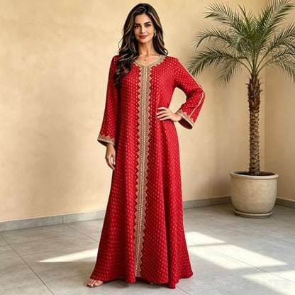 Women Muslim Abaya Dress V Neck Embroidered Kaftan Long Sleeve Loose Islamic Maxi Prayer Robe for Ramadan Eid - color: Red, size: Large